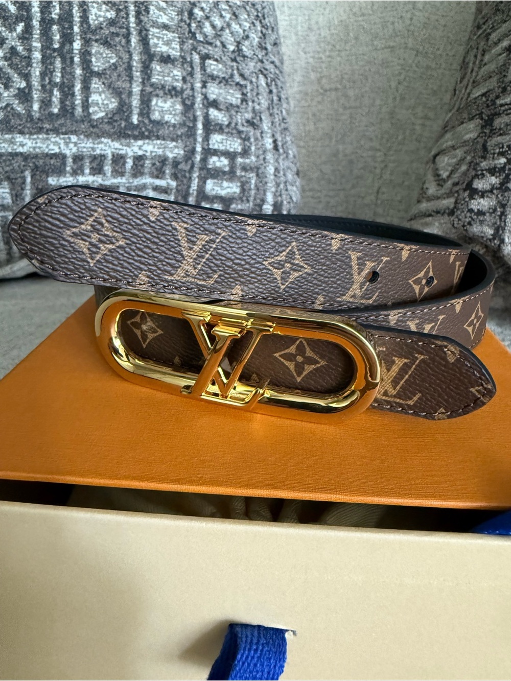 Louis Vuitton Monogram Belt with Gold LV Buckle - Brown
